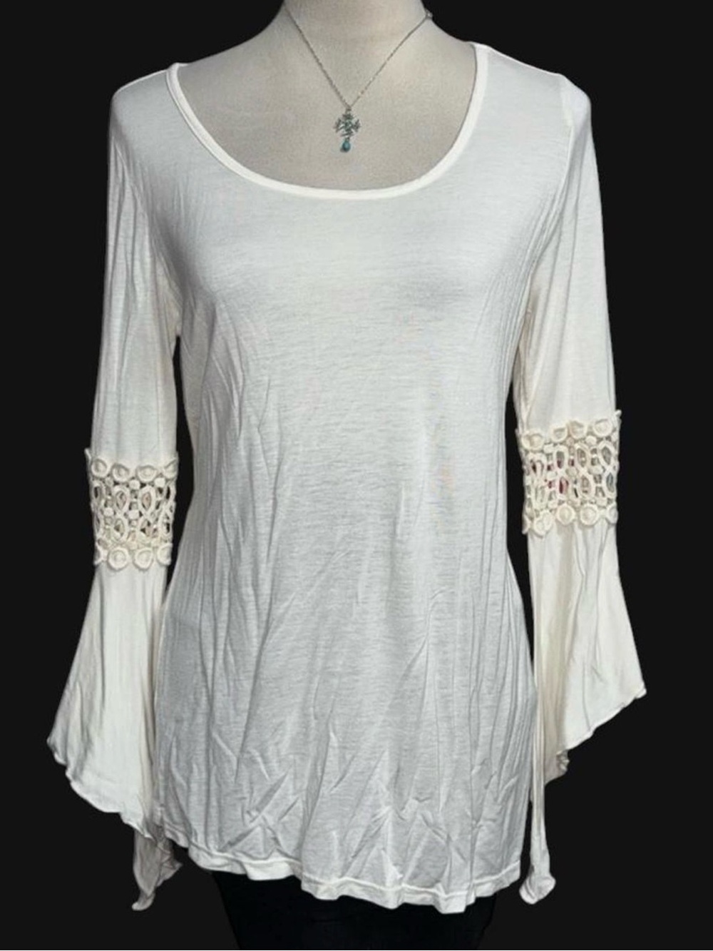 Women’s Cream Crochet-Trim Bell Sleeve Scoop Neck Tunic